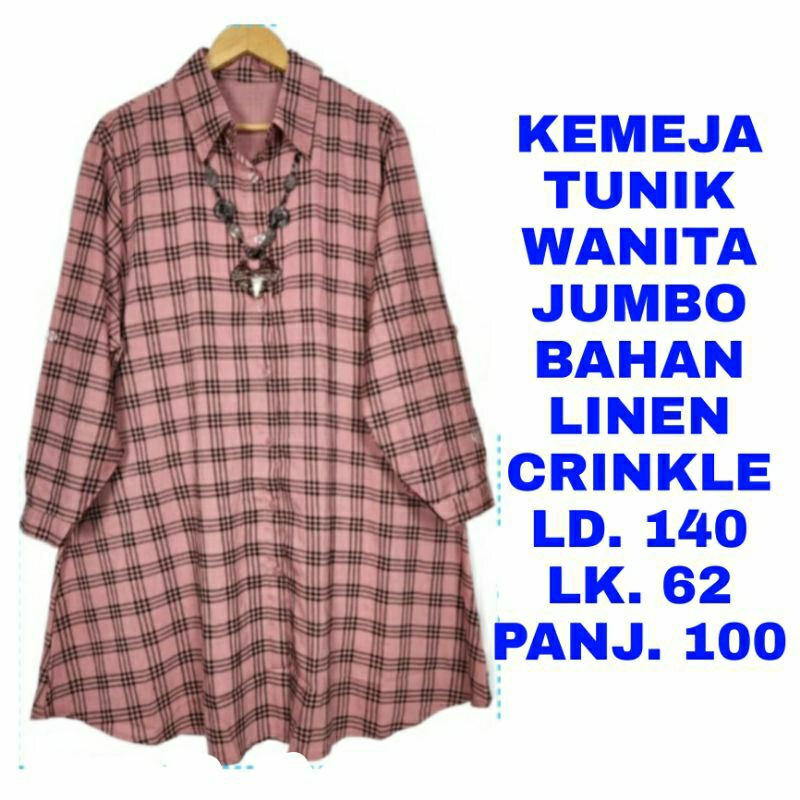 WK KEMEJA TUNIK KOTAK WANITA JUMBO LD. 130 BAJU ATASAN BLOUSE LENGAN PANJANG