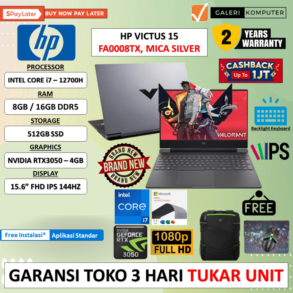 LAPTOP GAMING HP VICTUS LAPTOP INTEL i7 - 12700H 16GB 512GB SSD RTX3050 FHD IPS 144HZ WINDOWS 11 HOME OFFICE HOME &amp;  STUDENT