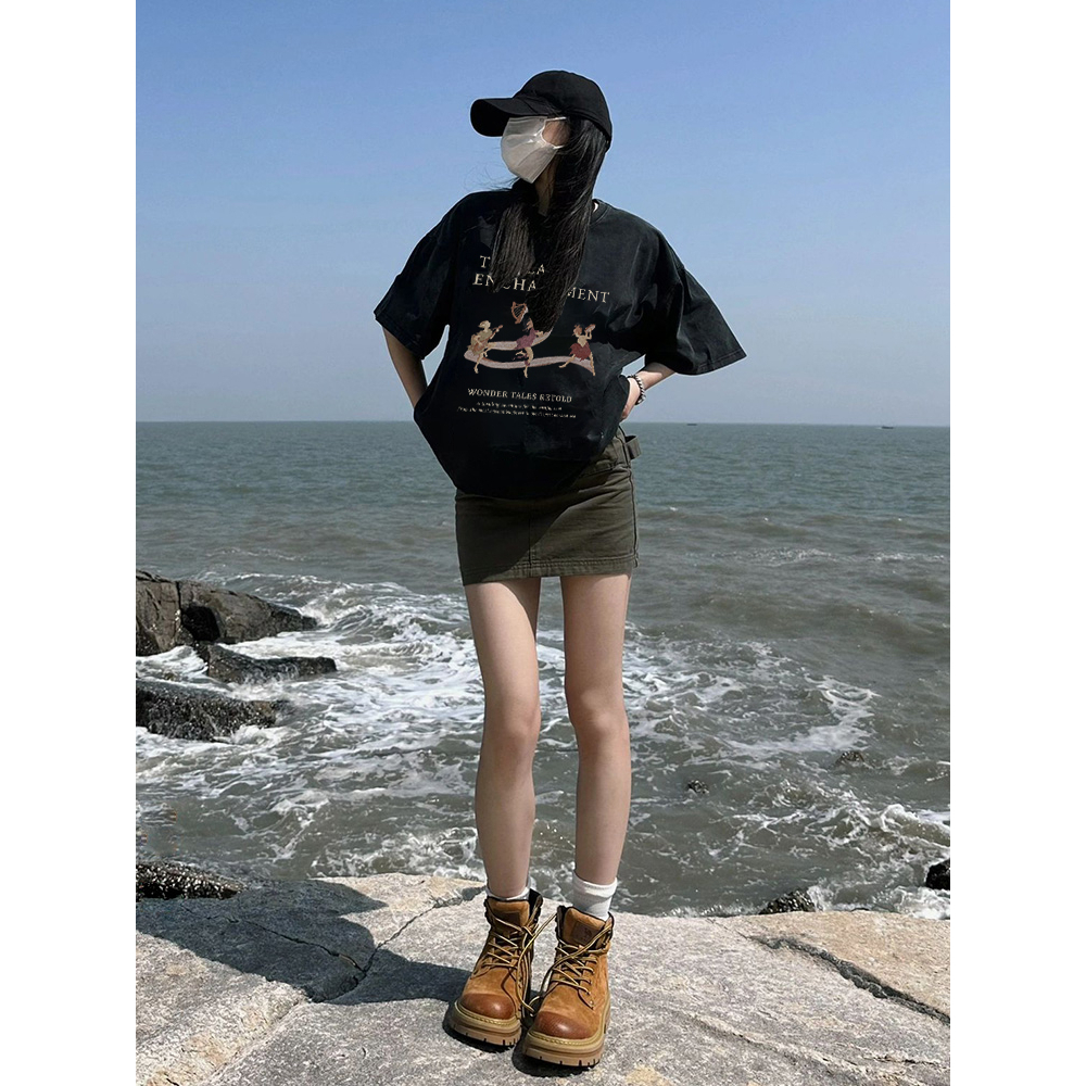 EUNII T-shirt Lengan Pendek Black Washed Retro Trumpet Girl Printing Korean Style/Kaos Atasan Wanita/Baju Wanita/Kaos Wanita