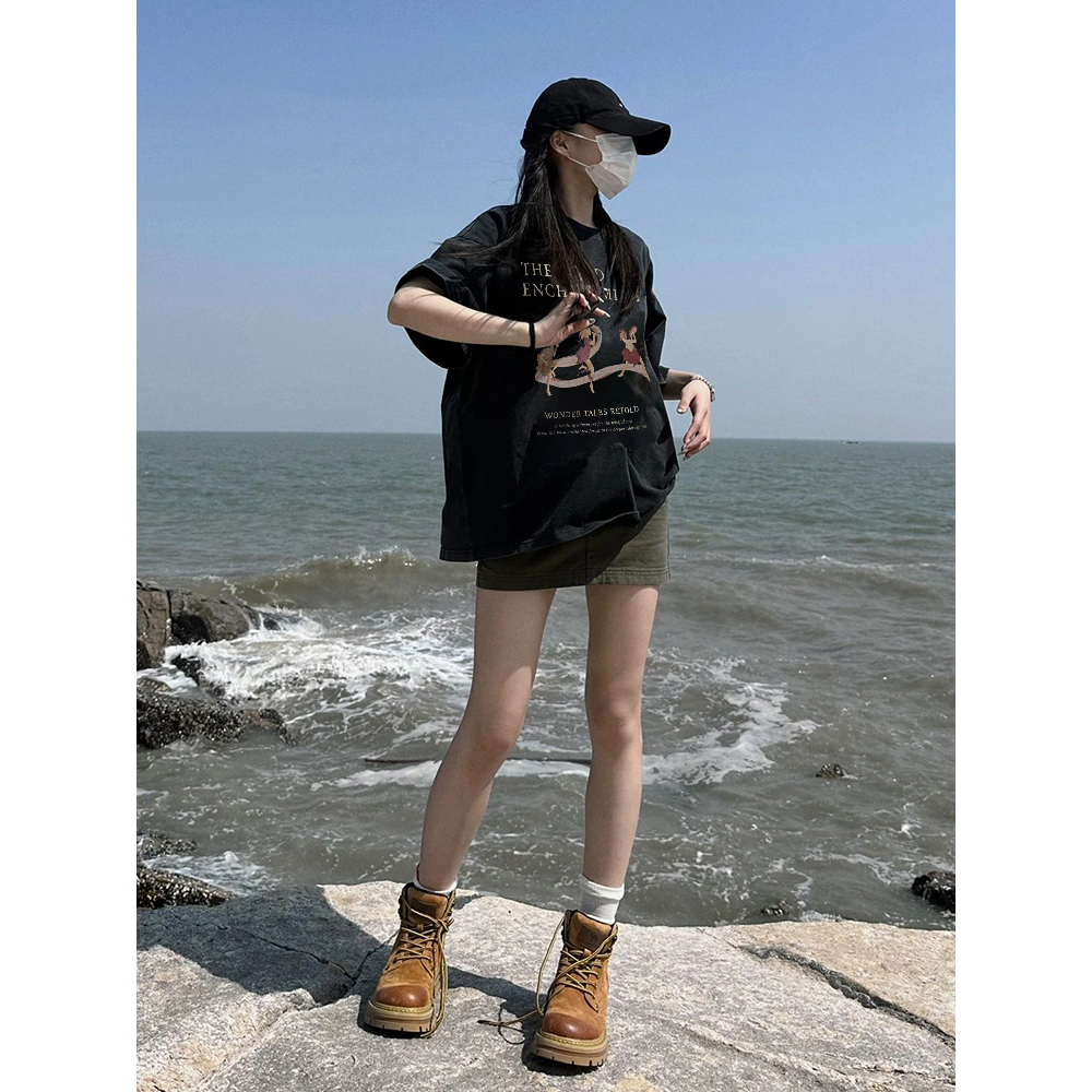 EUNII T-shirt Lengan Pendek Black Washed Retro Trumpet Girl Printing Korean Style/Kaos Atasan Wanita/Baju Wanita/Kaos Wanita