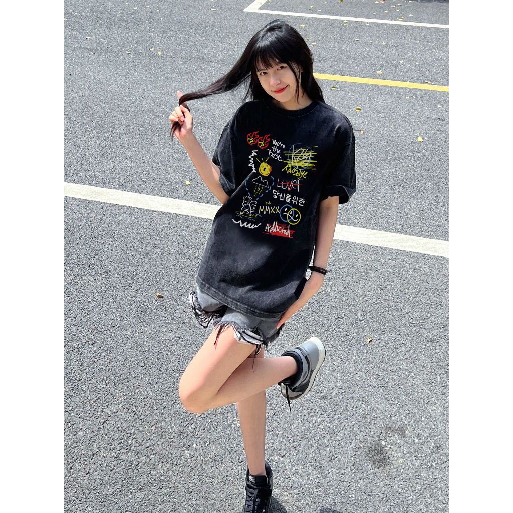 EUNII T-shirt Lengan Pendek Black Washed Cartoon Graffiti Printing Korean Style/Kaos Atasan Wanita/Baju Wanita/Kaos Wanita