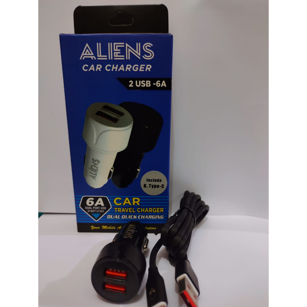 CAR CHARGER MOBIL ALIENS 2 USB WITH USB TYPE C 6A DUAL PORT USB 30 WATT 24 VOLT TRAVEL CHARGER DUAL QUICK CHARGING