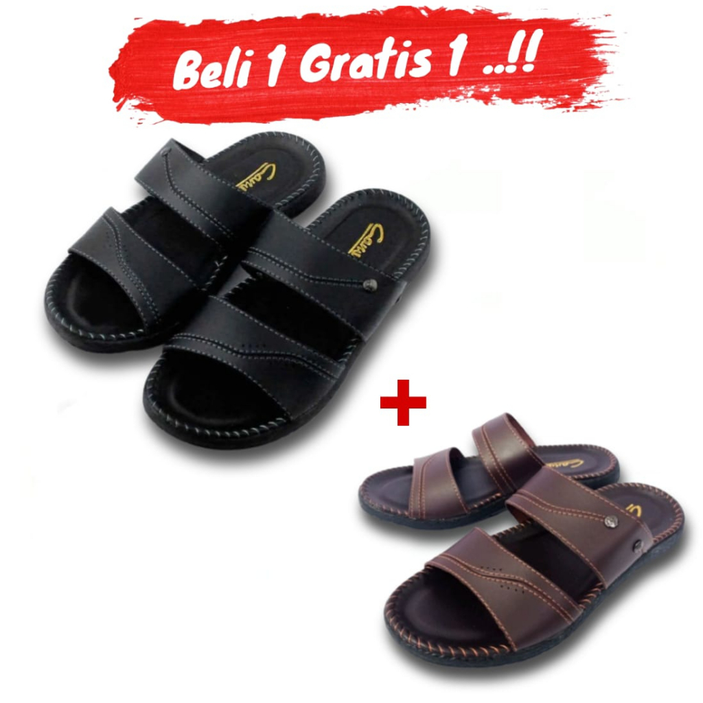 Sandal Slop Pria Sendal Slide Kulit Cowok Cewek Best Quality BELI 1 GRATIS 1