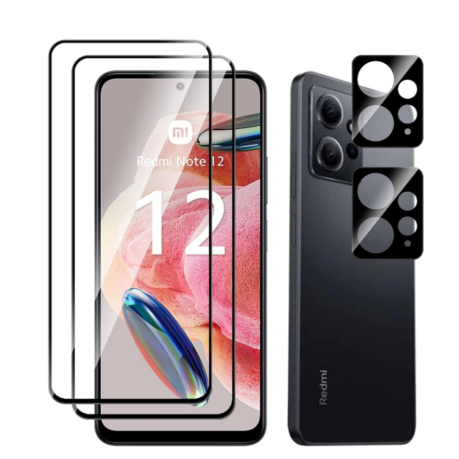 Screen Protector + Lens Camera FULL Frame Xiaomi Redmi Note 12 4G Anti Gores Tempered Glass Ful Cover + Lensa Kamera Penuh Ada Hitam Black dan Putih Bening CLear Temperd Asli Original Harga Murah Tapi Bagus