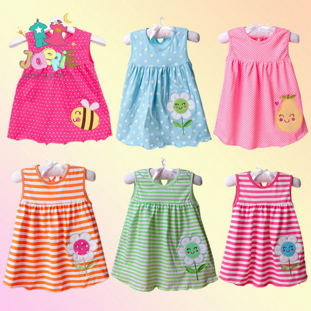 JAERIE Dress Anak Perempuan Kutung Import Baju Dress Anak Tanpa Lengan Polkadot Stroberi Bunga Kupu2