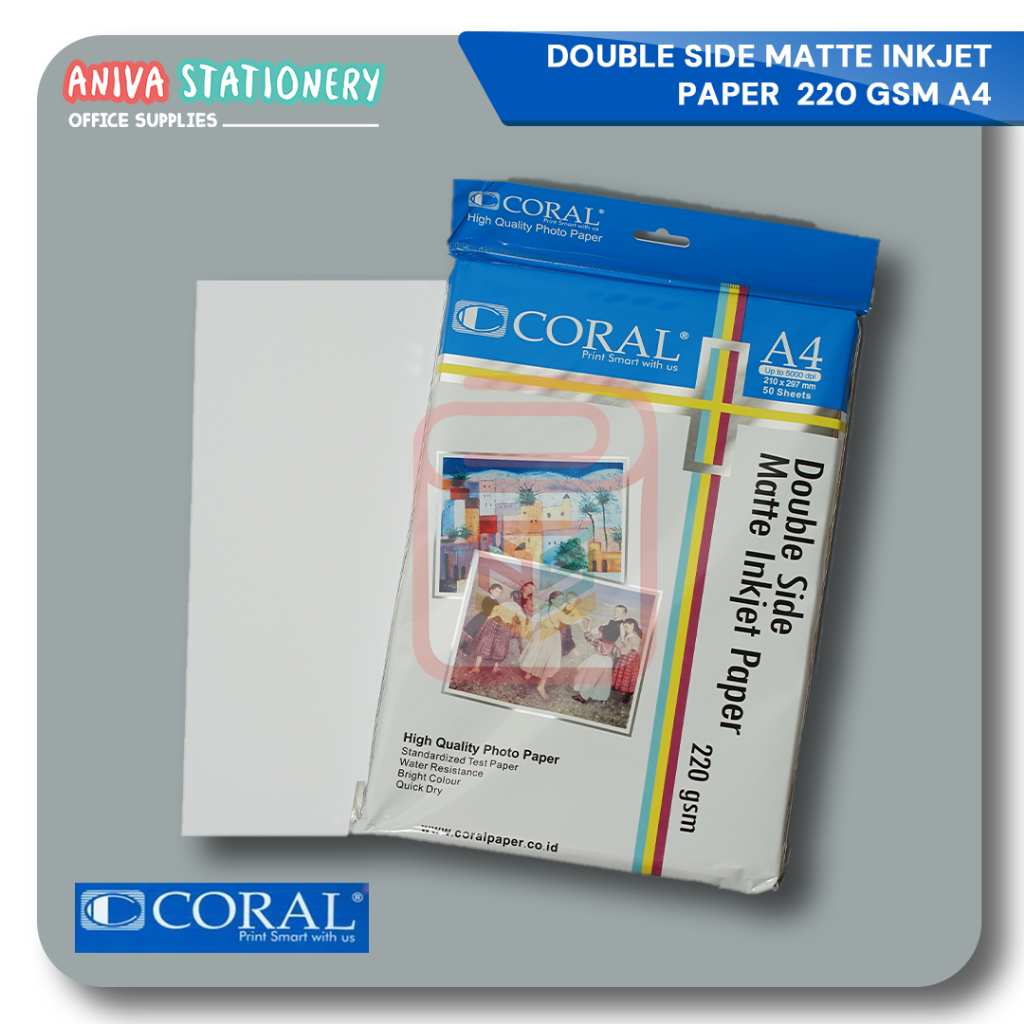 

CORAL INKJET PAPER DOUBLE SIDE 220 GRAM A4 (1 PACK = 50 LEMBAR)