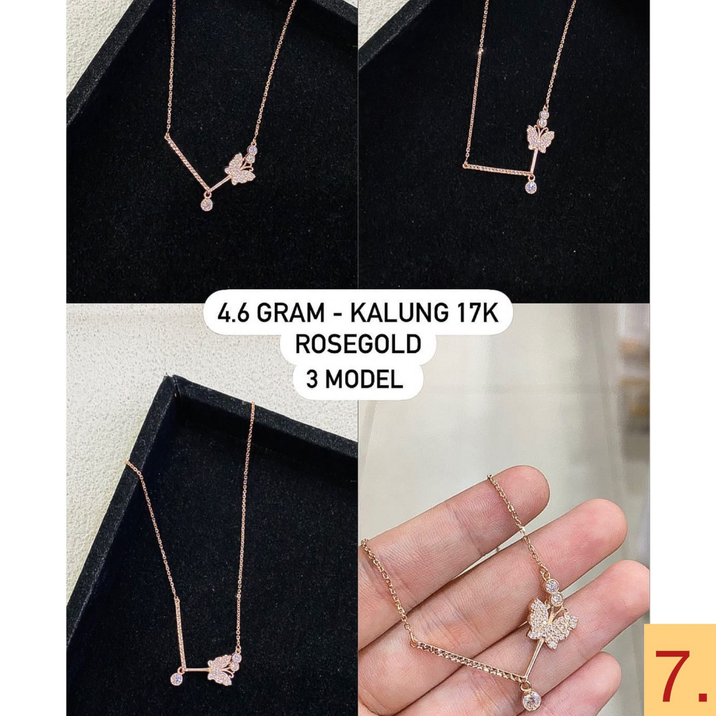 Kalung set anak dan dewasa emas asli kadar 75 17k rosegold diamond look aesthetic solitaire love koin tas kupu hitam 2 layer infinity variasi liontin branded