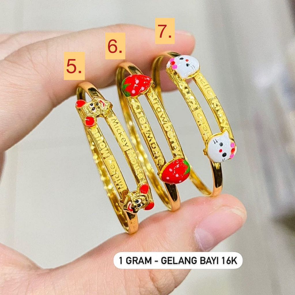 Gelang anak baby emas asli kadar 70 16k selisih bayi hello kitty boneka cap tanpa permata polos bangle padat ukir apel merah