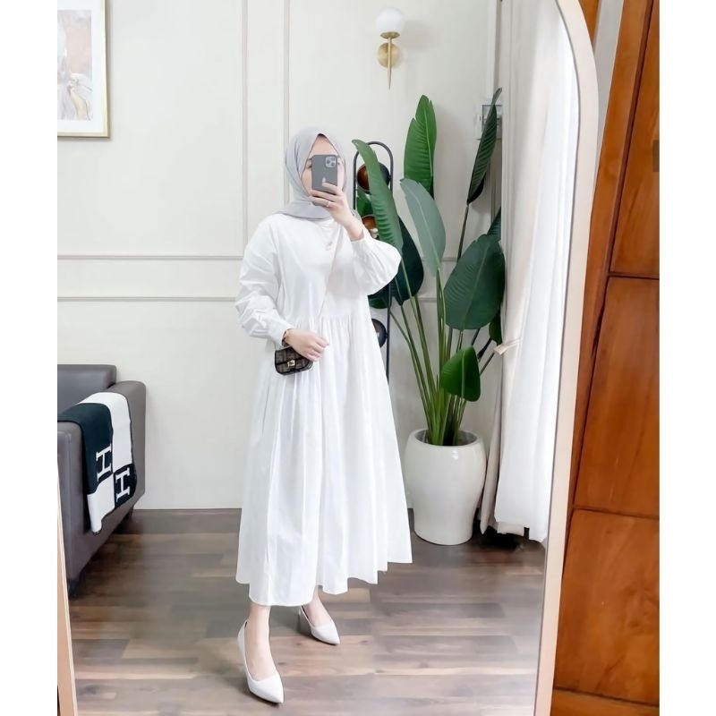 UKURAN S M L XL BAJU MIDI CRINCLE AIRFLOW SNOWY WHITE MIDI PUTIH POLOS