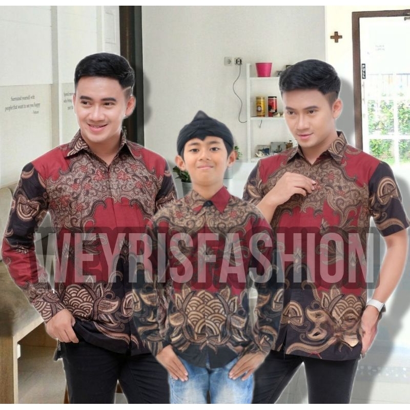 TERBARU Couple Sweet | Kids Batik Couple Baju Kemeja Hem Couple Ayah dan Anak Laki-laki Batik Gajahmada Marun