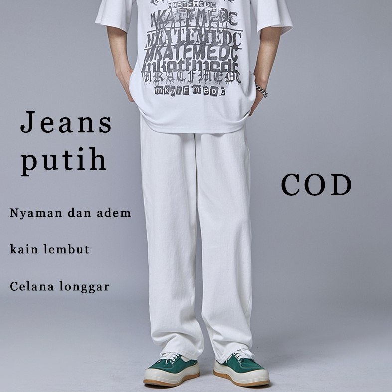 Celana jeans pria celana panjang putih pria korea jeans putih baggy pants boyfriend jeans oversize kulot celana jins putih celana putih cowok