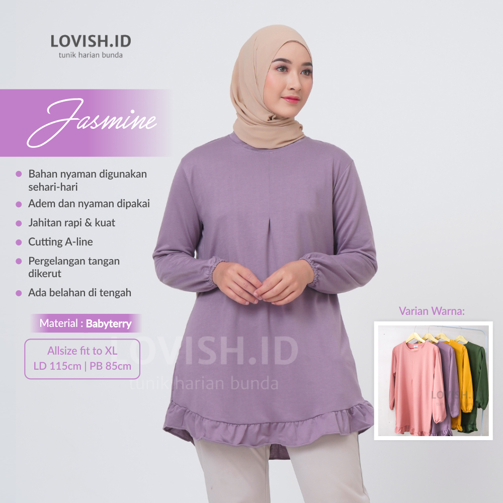 Baju Wanita Tunik Jasmine Terbaru Atasan Muslim Perempuan Polos Lengan Panjang Bahan Babyterry Fit T