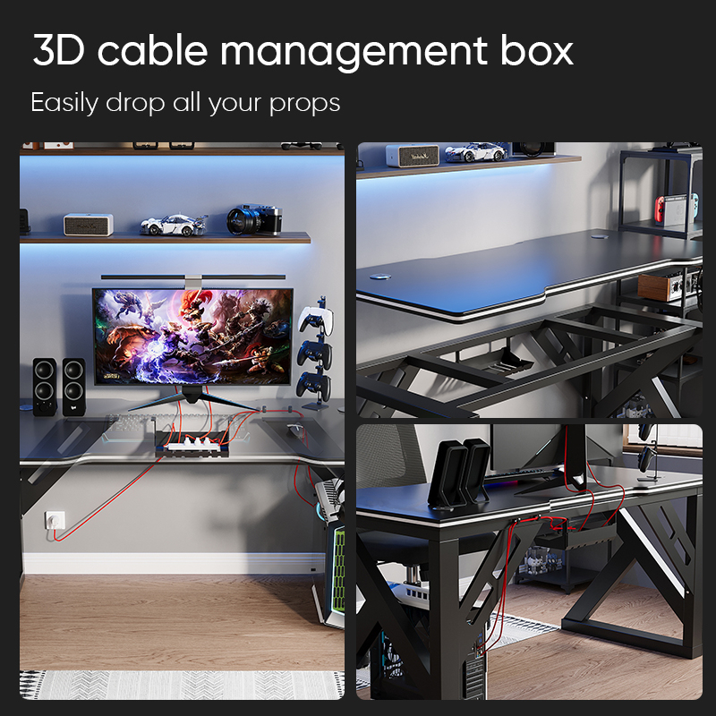 Deli Furniture Meja Gaming / Meja Komputer / Gaming Table Hitam Box Kabel E9151X-5