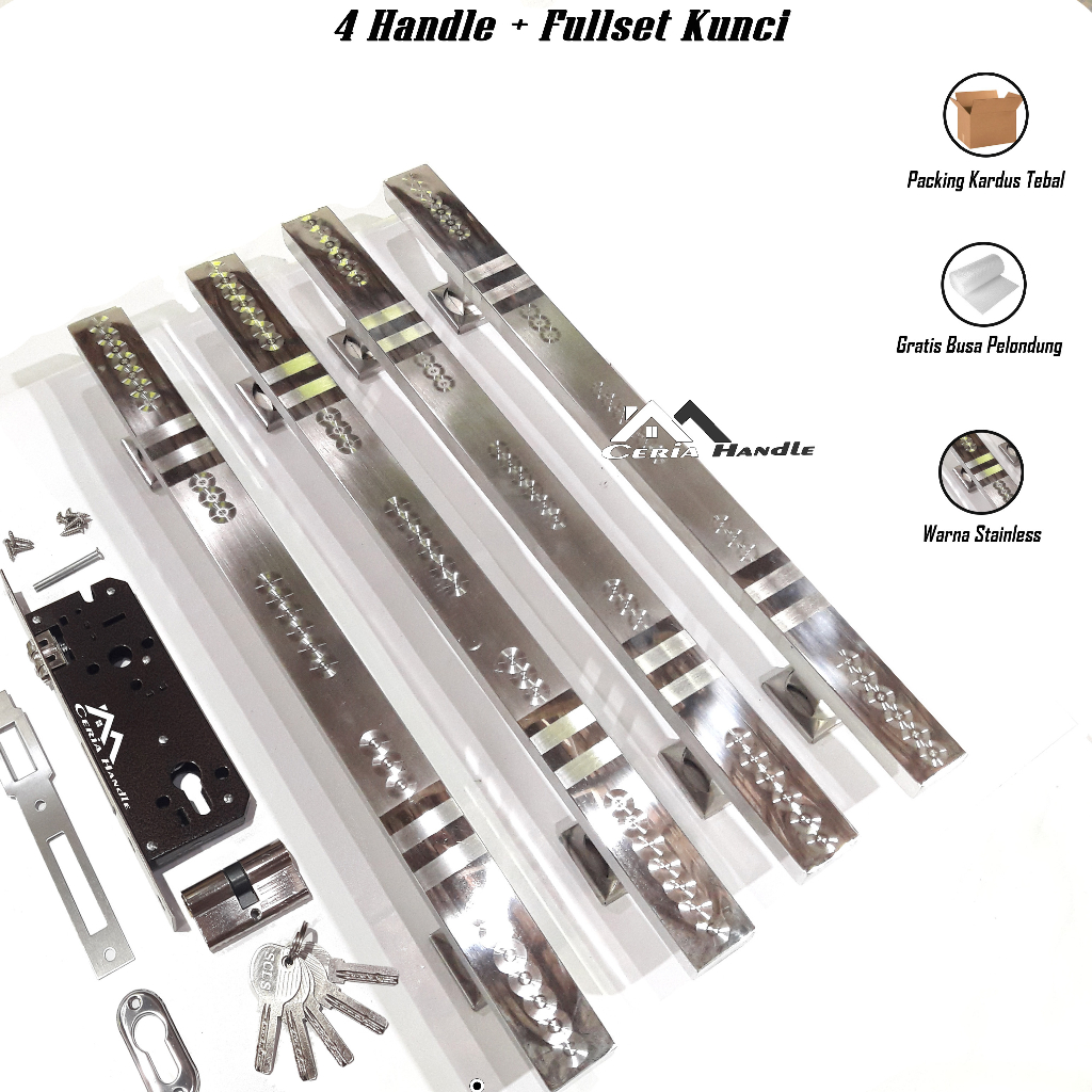 Gagang Pintu 4 Handle Set Kunci 60 cm - Hendel Pintu Rumah Dua Daun - Gagang Pintu Rumah Minimalis
