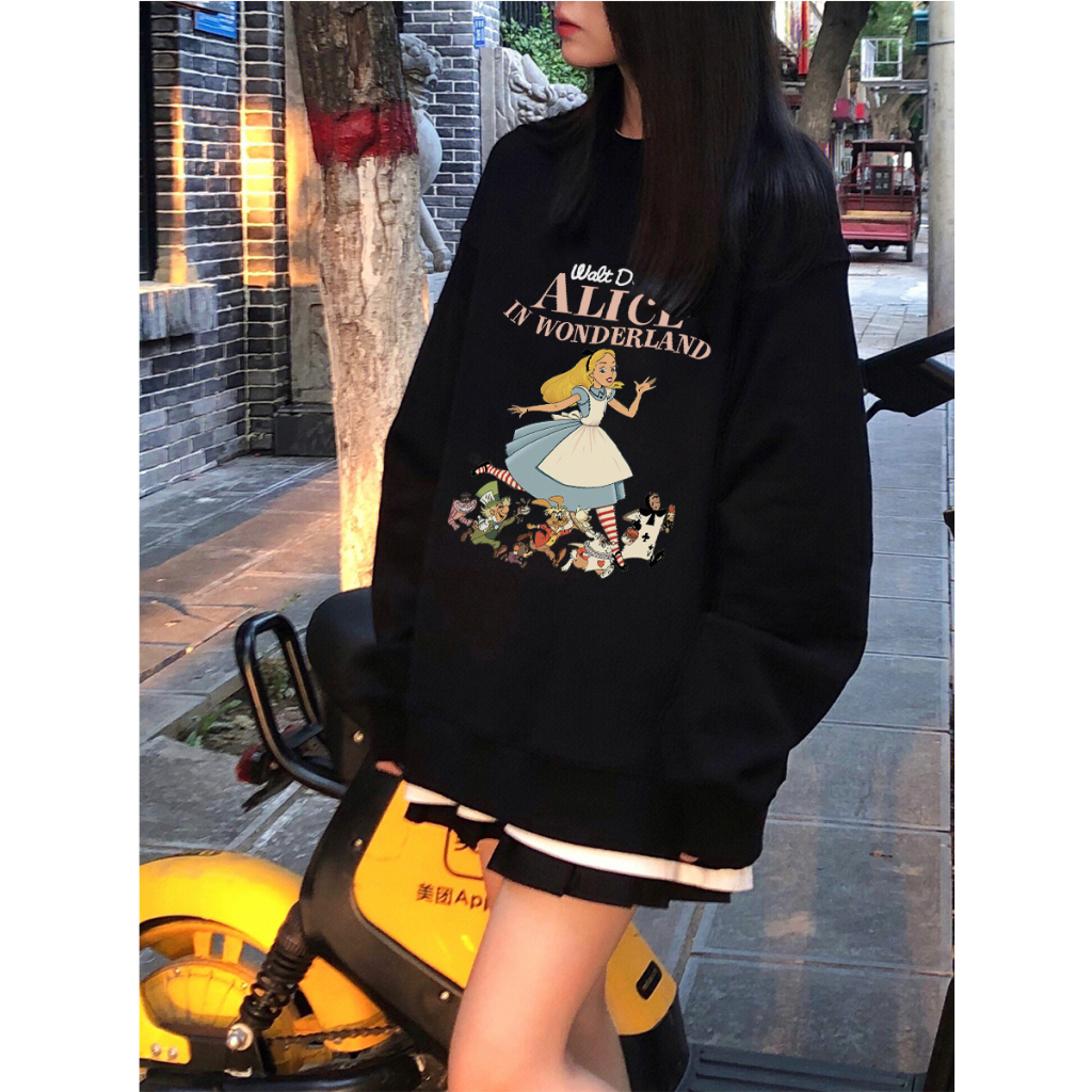 XiaoZhaiNv Korean Style Alice In Wonderland Pattern Lengan Panjang Baju Sweater Wanita A0912