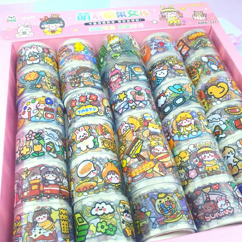 [ 30 ROLL / 1 BOX ] STIKER ROLL TRANSPARAN TAPE DECO MOMO / TAPE BENING KARAKTEE