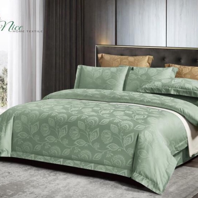 BIOSIBEDDING SPREI JACQUARD KATUN KINGKOIL DOLBI WARNA HIJAU MINT - SPREI COTTON JACQUARD MOTIF DAUN