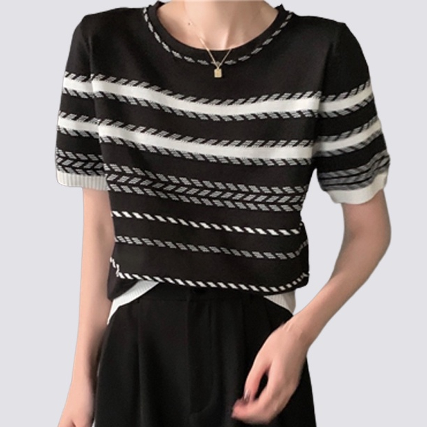 XIAOZHAINV Korean Style Stripe Kaos Atasan Wanita 0398