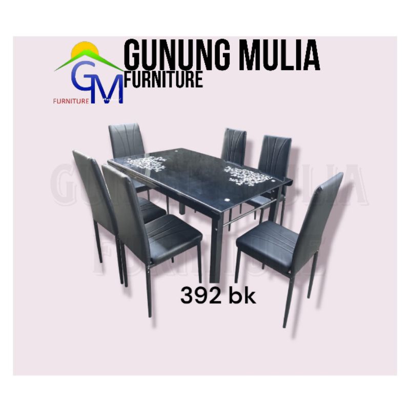 Meja Makan Kaca Tempered Glass 6 Person Kaki Besi