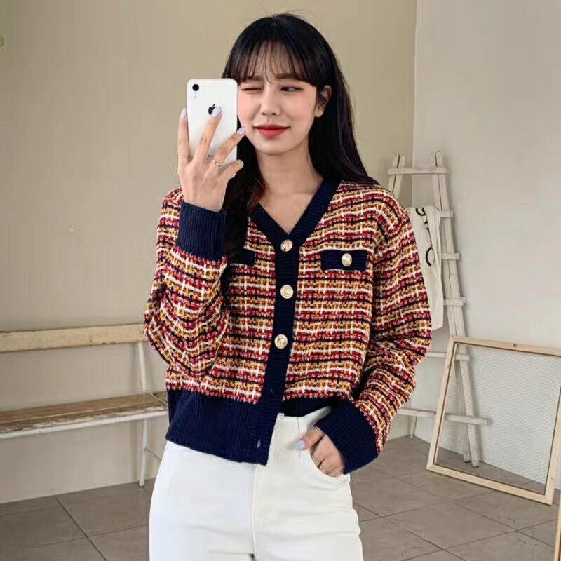 XIAOZHAINV Korean Style Lengan Panjan Rajut Cardigan Crop Top Wanita 6964