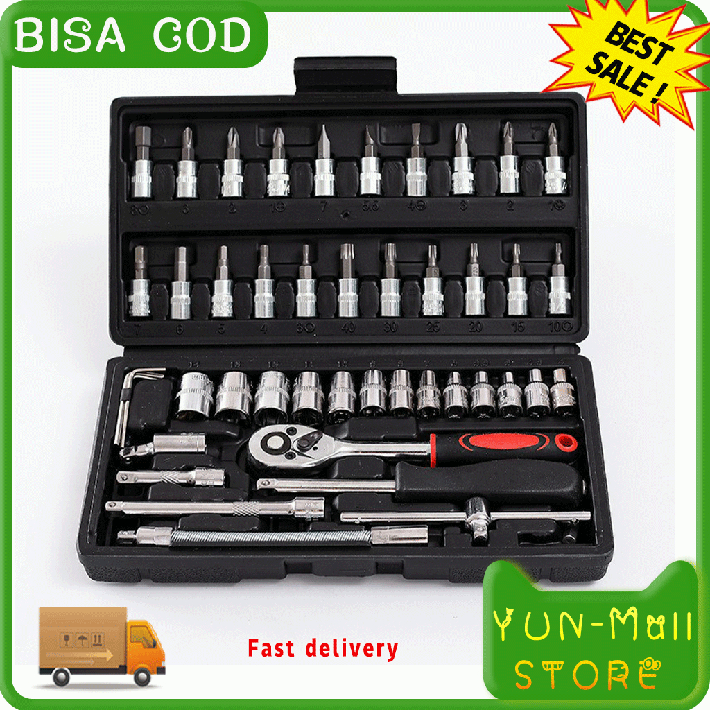 【BAYAR DI TEMPAT / COD】YUN Mall Kunci SOK 46 PC Set Socket Full Lengkap Socket Tool Kit Pas Ring L Motor Mobil/Universal Kombinasi Tool Kit Reparasi Perbaikan Service Bengkel Mobil Motor Emergency Multifungsi Praktis BagusSet Kunci Socket Wrench 46 PCS So