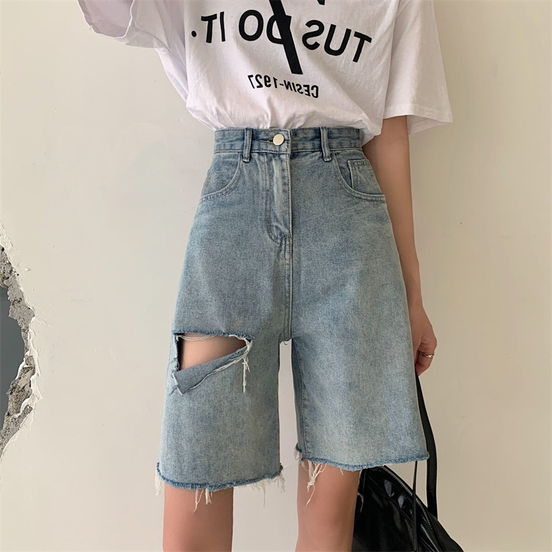 Biru Highwaist Robek Celana Pendek Jeans Wanita Korean Kekinian