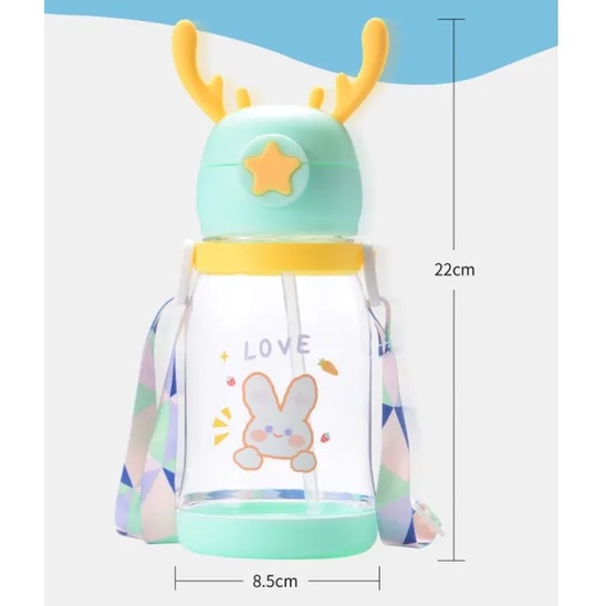 Botol Susu Sedotan + Tali Panjang Botol Minum Sekolah Bayi &amp; Anak Tempat Wadah Air Motif Tanduk Rusa Unicorn 700ml