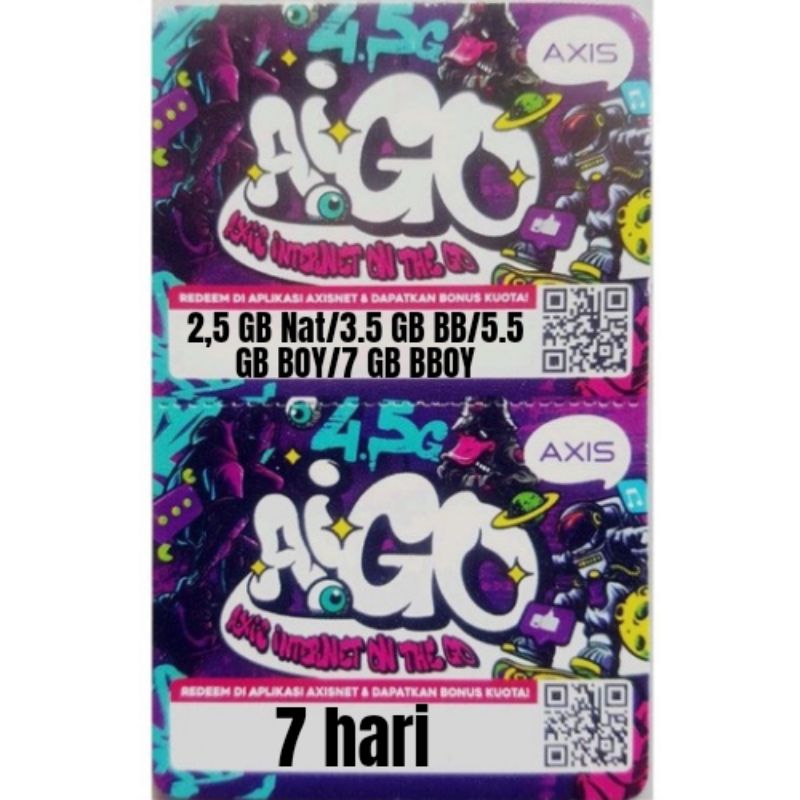 Vocher Axis Aigo Mini 2,5GB Nat/3.5GB BB/5.5GB BOY/7GB BBOY, 7hr