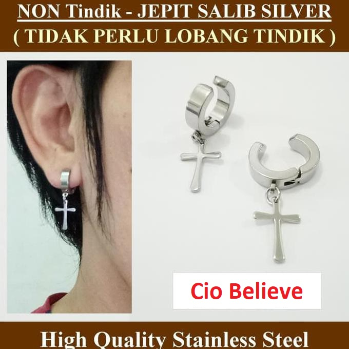 Silver Anting Salib Jepit/Palsu Anti Karat SILVER Sepasang