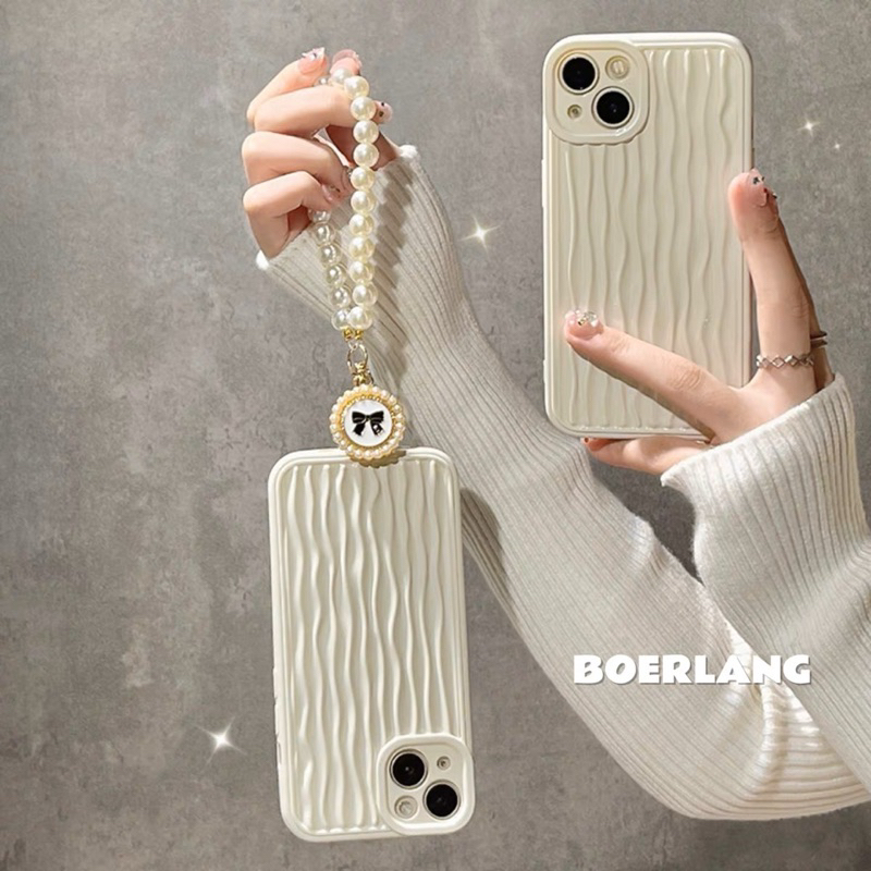 Simple White Beige with Bow Pearl Chain Softcase Casing Case HP Lucu iphone XS XS Max XR 11 Pro Max 12 Pro Max 13 Pro Max 14 Pro Max