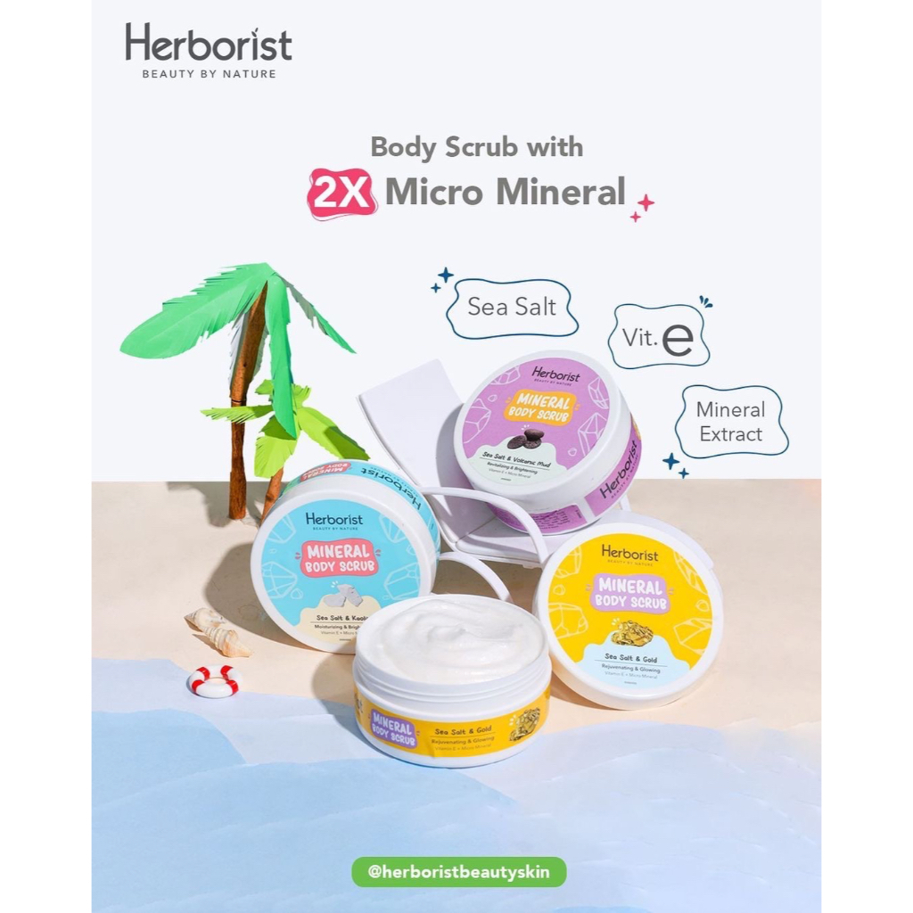 HERBORIST Mineral Body Scrub Indonesia / 100g 200g / Sea Salt Kaolin Volcanic Mud Gold / Moisturizing Revitalizing Rejuvenating Brightening Vit E &amp; C + Micro Mineral / Exfoliator Cleansing / Exfoliating Peeling / Skincare Body Care Gel Lotion Kulit Tubuh