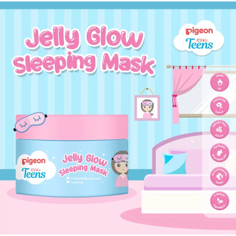 PIGEON TEENS - Jelly Glow Sleeping Mask 30 Gram Masker Pelembab Pencerah Moisturizer Skincare Wajah Remaja With Jojoba Chamomile Hyaluronic Acid Ceramide Viral BPOM