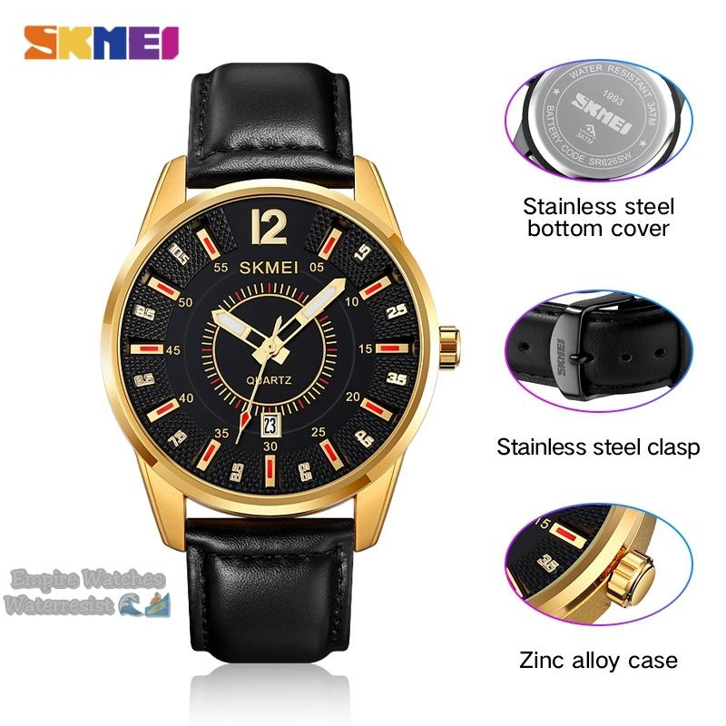 Jam Tangan Skmei 1993 Pria Cowok Analog Tanggal Aktif Strap Leather Original Waterproof