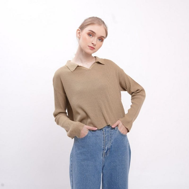 knit croop sweater wanita kerah polo