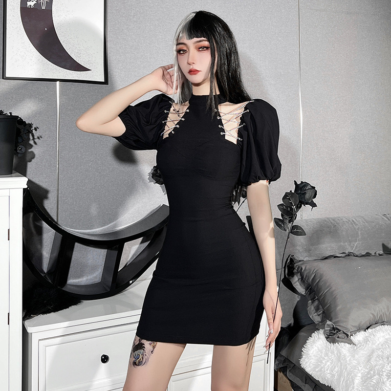 Women Mini Dress Bodycon Chain Short Sleeve (S/M/L) 8784