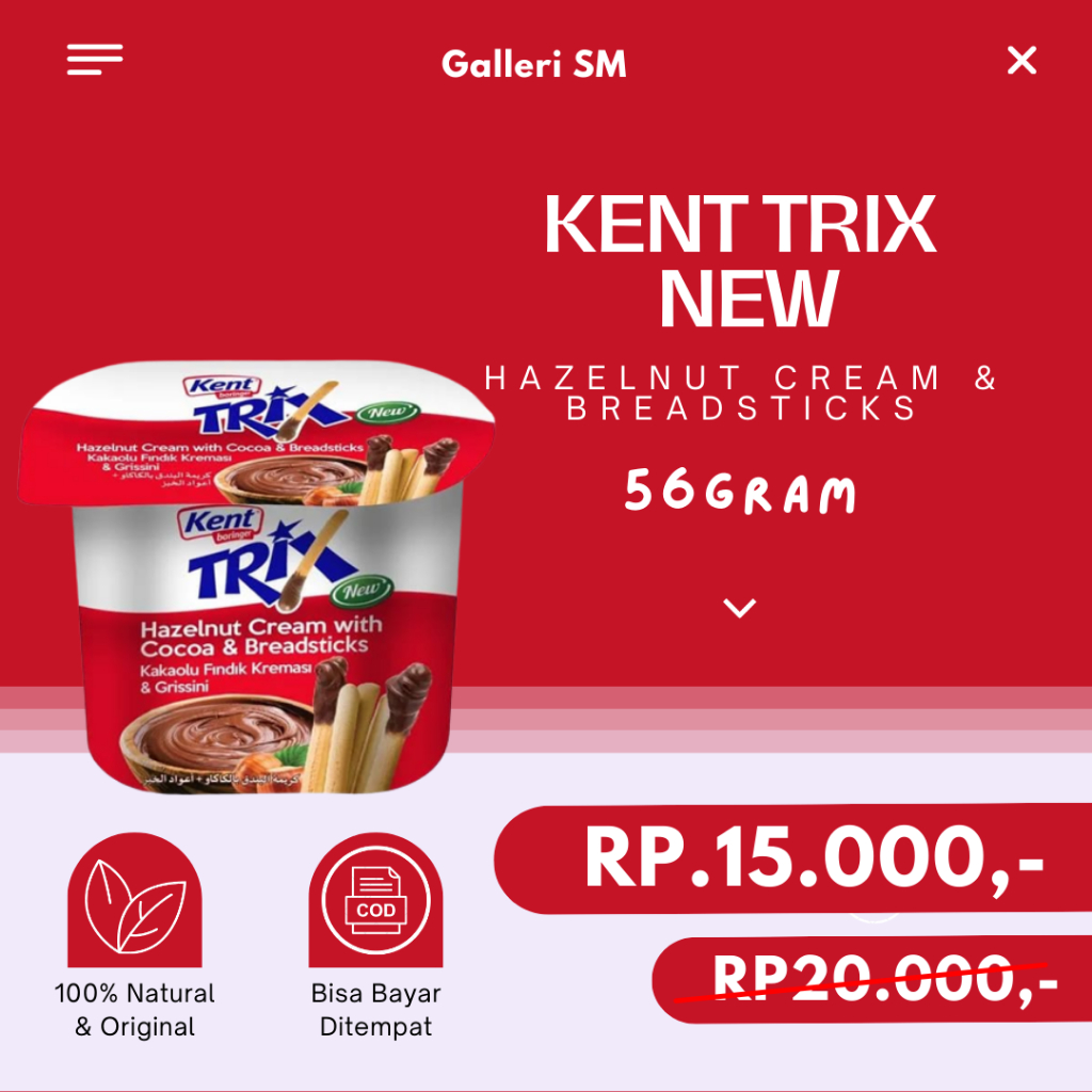 

Biskuit Stik Kent Trix Stik Colek Dengan Krim Hazelnut Dan Coklat 56gr