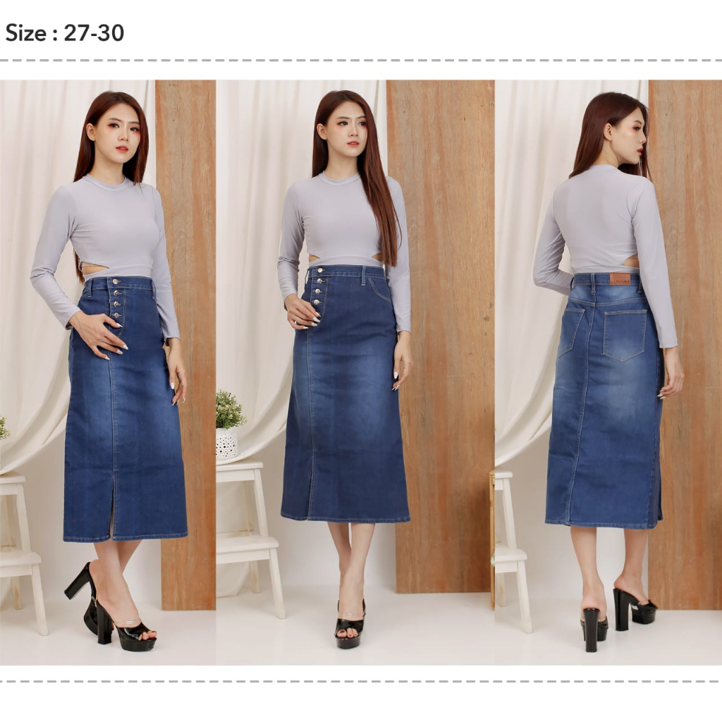 Rok Jeans Stretch Span Gisca Wanita Rok Jeans Panjang Motif Kancing