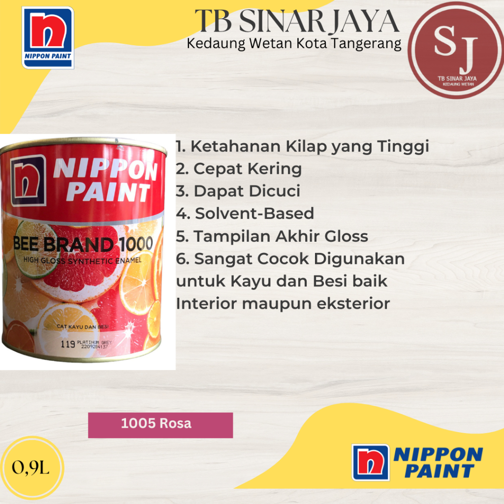 Cat Kayu dan Besi BEEE BRAND 1000 Nippon Paint Cat Minyak 0,9L - 1005 Rosa