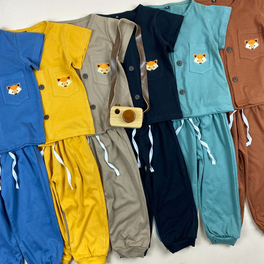 PAJAMAS BUTTON POCKET BORDIR BAJU PENDEK CELANA PANJANG SETELAN BAJU TIDUR ANAK 1-5 TAHUN PNP