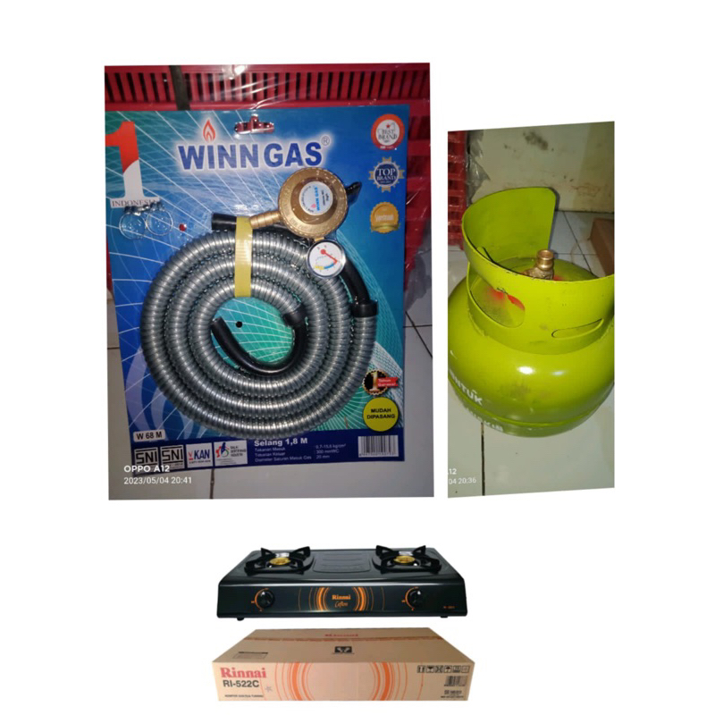 Paket Lengkap [ kompor 2 Tungku Rinnai 522C + Selang Winn Gas + Tabung Gas ]