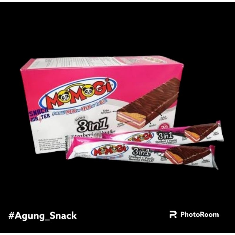 

Momogi 3 in 1 Rasa Strawberry + Vanilla Bersalut Cokelat ( 1Box | 20bks)@15gram