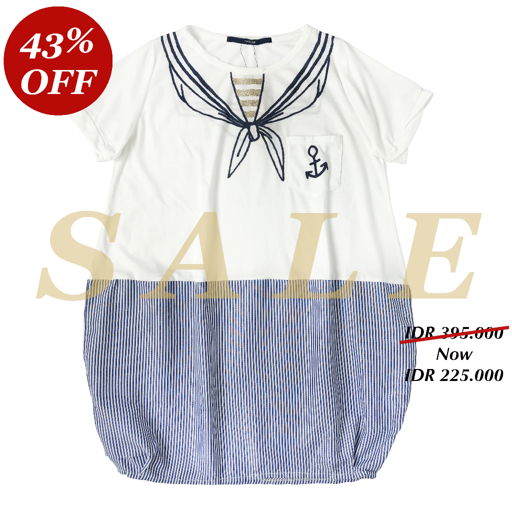 DRESS KAOS SAILOR PUTIH & LINEN GARIS BIRU KOREA IMPORT ~  DEFECT SALE