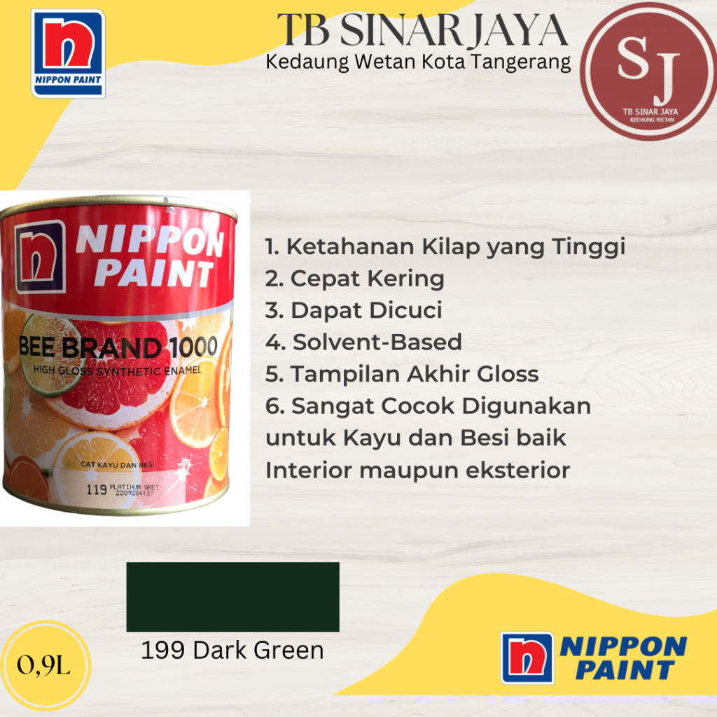 Cat Kayu dan Besi BEE BRAND 1000 Nippon Paint 0.9L - 199 Dark Green