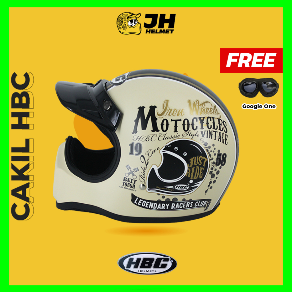 Helm Cakil HBC Just Ride Cream Doff + FREE GOGGLE | Retro Full Face | JUAL HELM