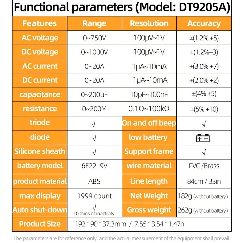 ANENG Digital Multimeter Multitester Voltage Tester with Stand - DT9205A-12 - Orange