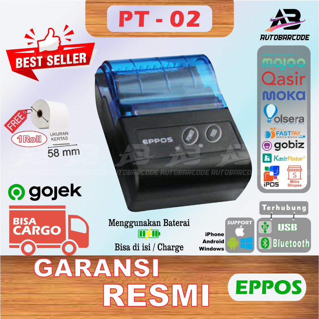 Printer Bluetooth Thermal PRINTER PORTABLE MINI THERMAL PRINTER BLUETOOTH 58MM EPPOS PT-02 / PT02 SUPPORT MOKAPOS RPP02 Printer Thermal 58 Portable Struk