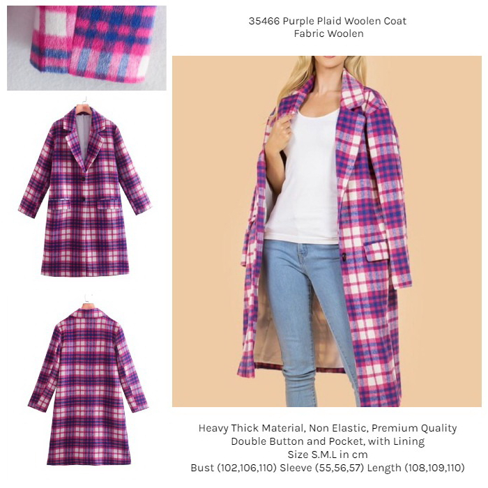 35466 Coat Panjang Winter Purple Plaid Woolen Coat