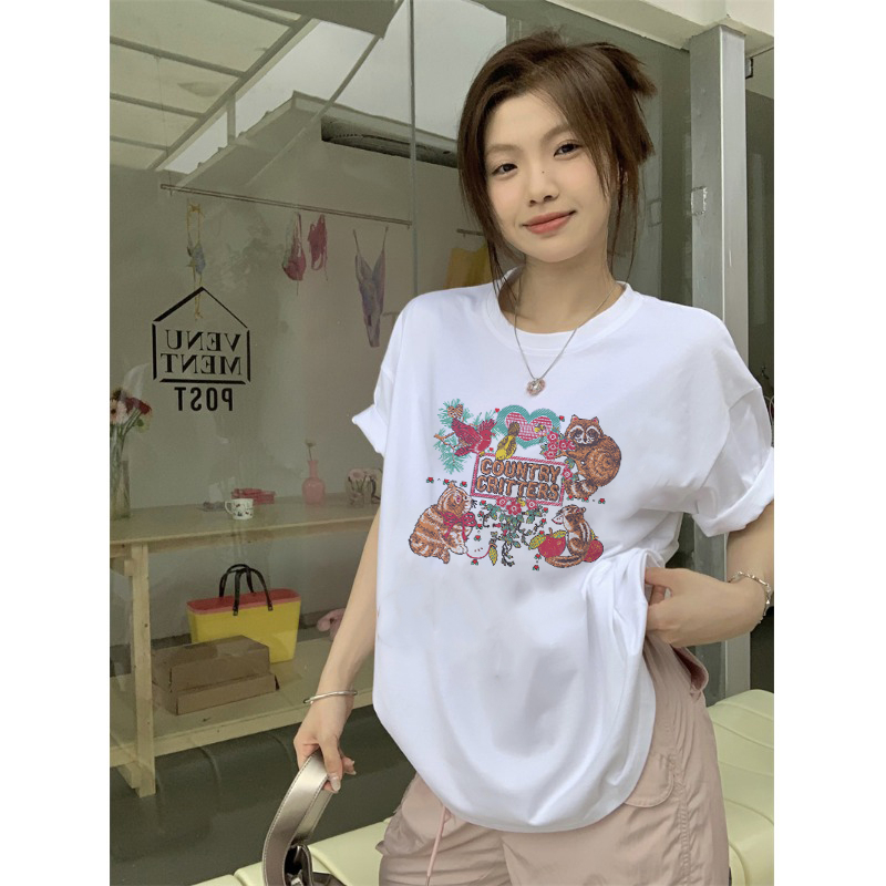 EUNII T-shirt Lengan Pendek Cartoon Cat Story Painting Printing Korean Style/Kaos Atasan Wanita/Baju Wanita/Kaos Wanita