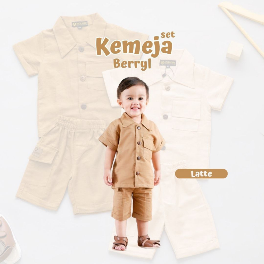 Nauree - Setelan Kemeja Berryl Celana Pendek Selutut Untuk Umur 3 Bulan 1 2 4 5 6 Tahun Bahan Katun Linen Tampil Modis Stylish Nyaman Tersedia Kantong dan Saku Tebal Kualitas Premium