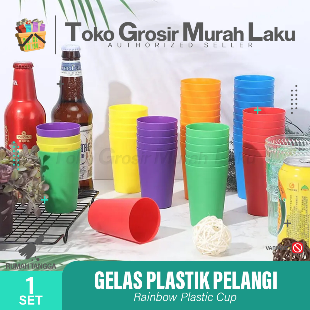 GELAS PELANGI GELAS TERMURAH PLASTIK RAINBOW PICNIC CUP SET SOUVENIR HADIAH